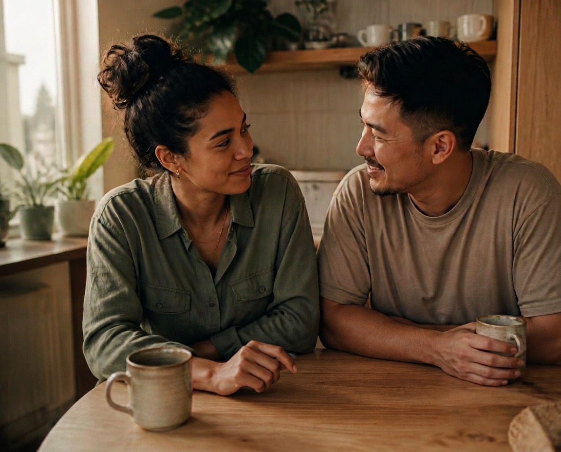 A couple completing their Rooted relationship inventory together over morning coffee